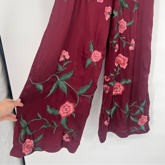 Anna Sui x Free People Poppy Satin Floral Embroidered Bohemian Wide Leg Pants 4 - Picture 4 of 10